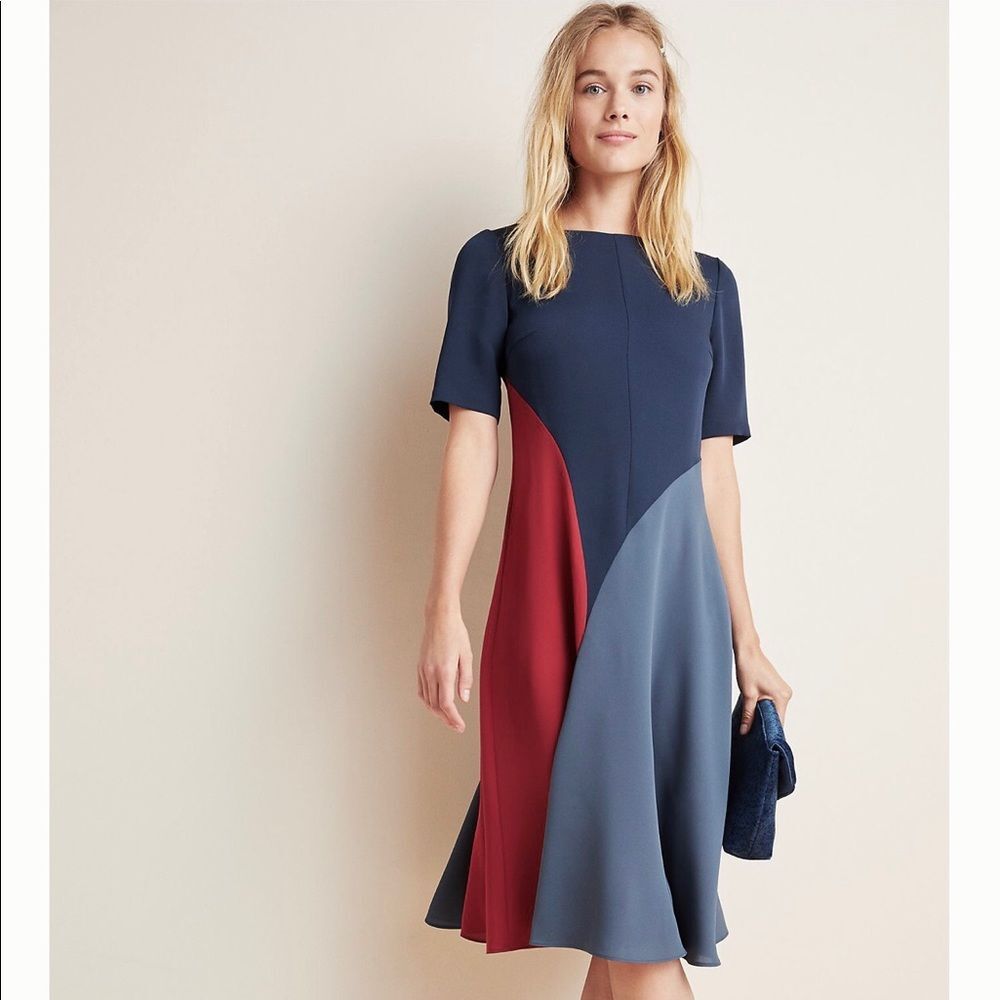 Anthropologie Colorblock Navy Blue Grey Red Midi Dress Size 4 NWT